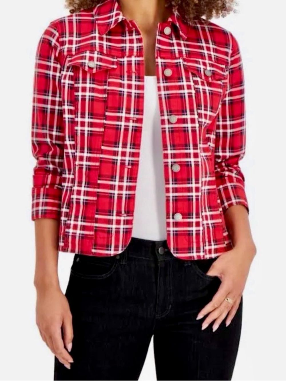 Charter Club Red Plaid Jean Jacket